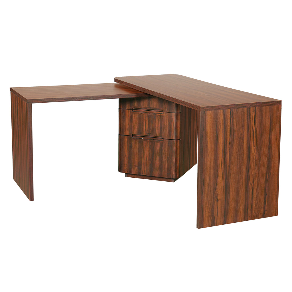 Walnut L-shaped desk by Anthony & Home with 3 drawers and 360-degree rotation, showcasing a modern office workspace.