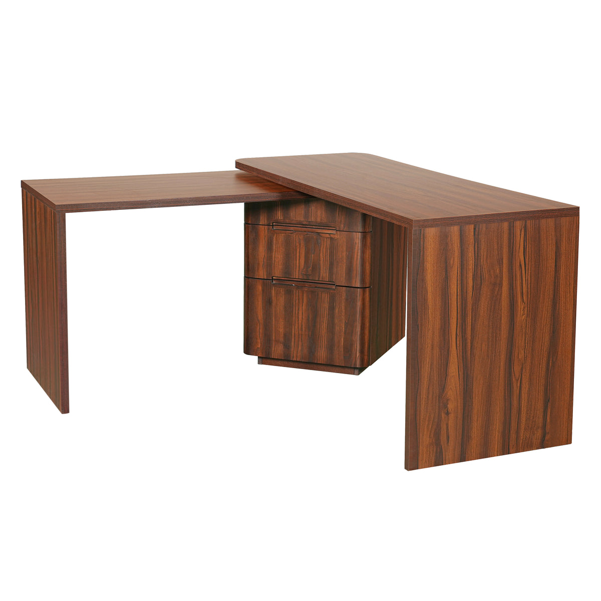 Walnut L-shaped desk by Anthony & Home with 3 drawers and 360-degree rotation, showcasing a modern office workspace.