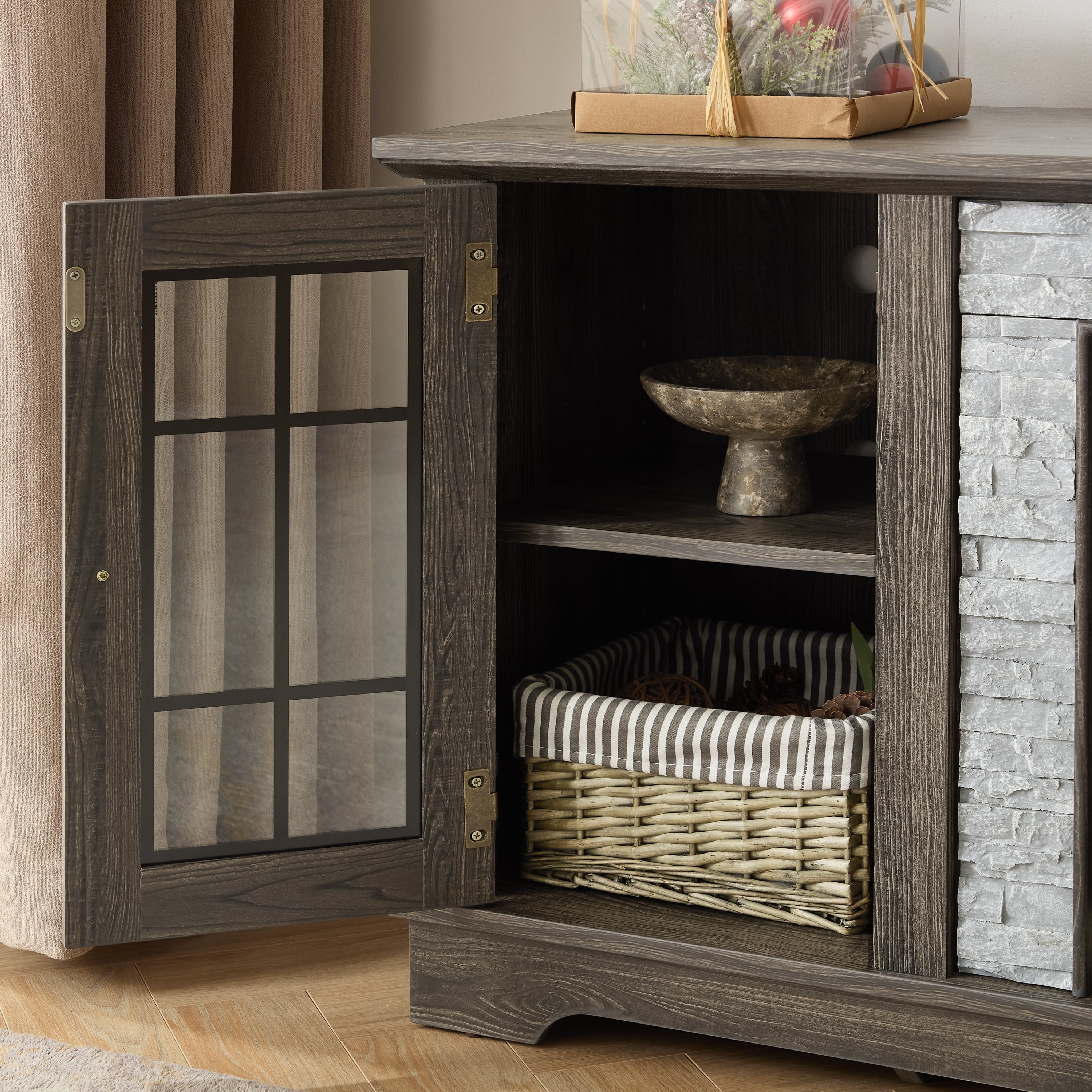 Anthony & Home Atelier Faux Stone TV stand in grey with modern design, featuring open shelves and sturdy construction.