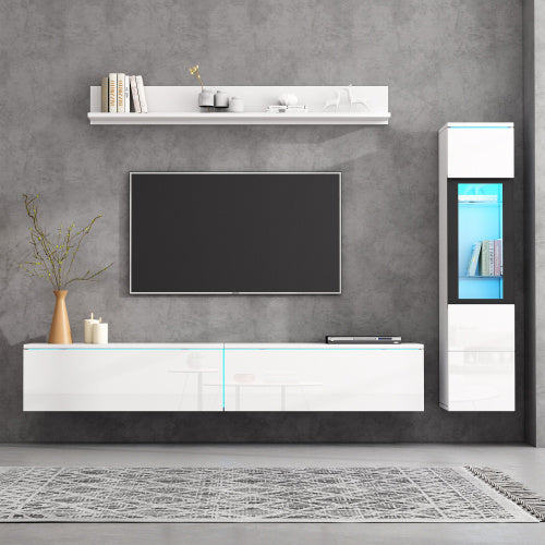 White TV Wall Unit Set Of 3 With LED TV Stand High Gloss