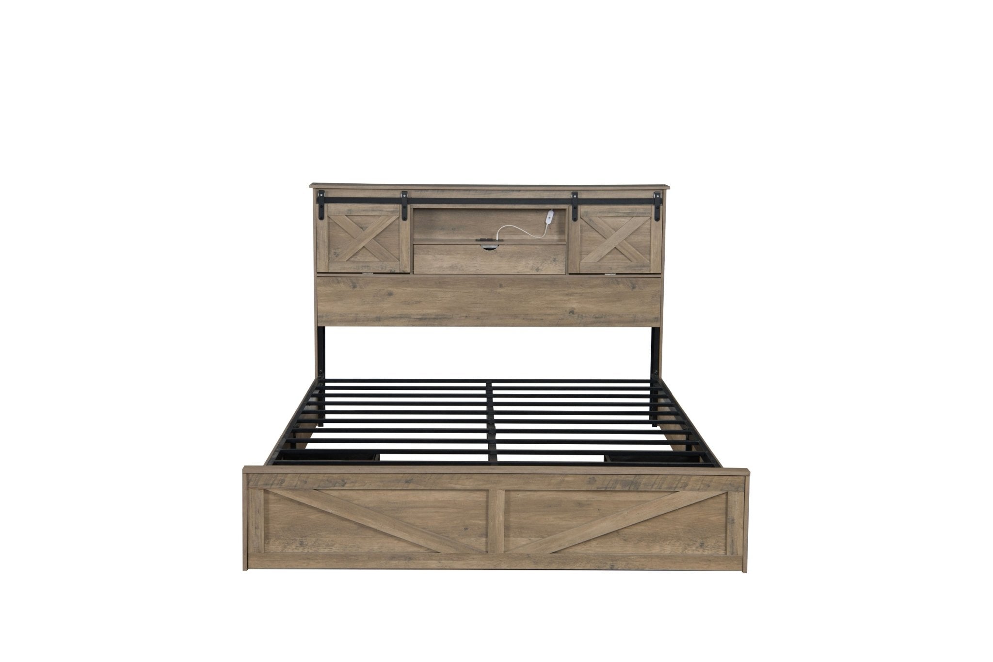 Queen farmhouse bed frame by Anthony & Home in grey rustic wood with LED lighting, charging station, and storage drawers.