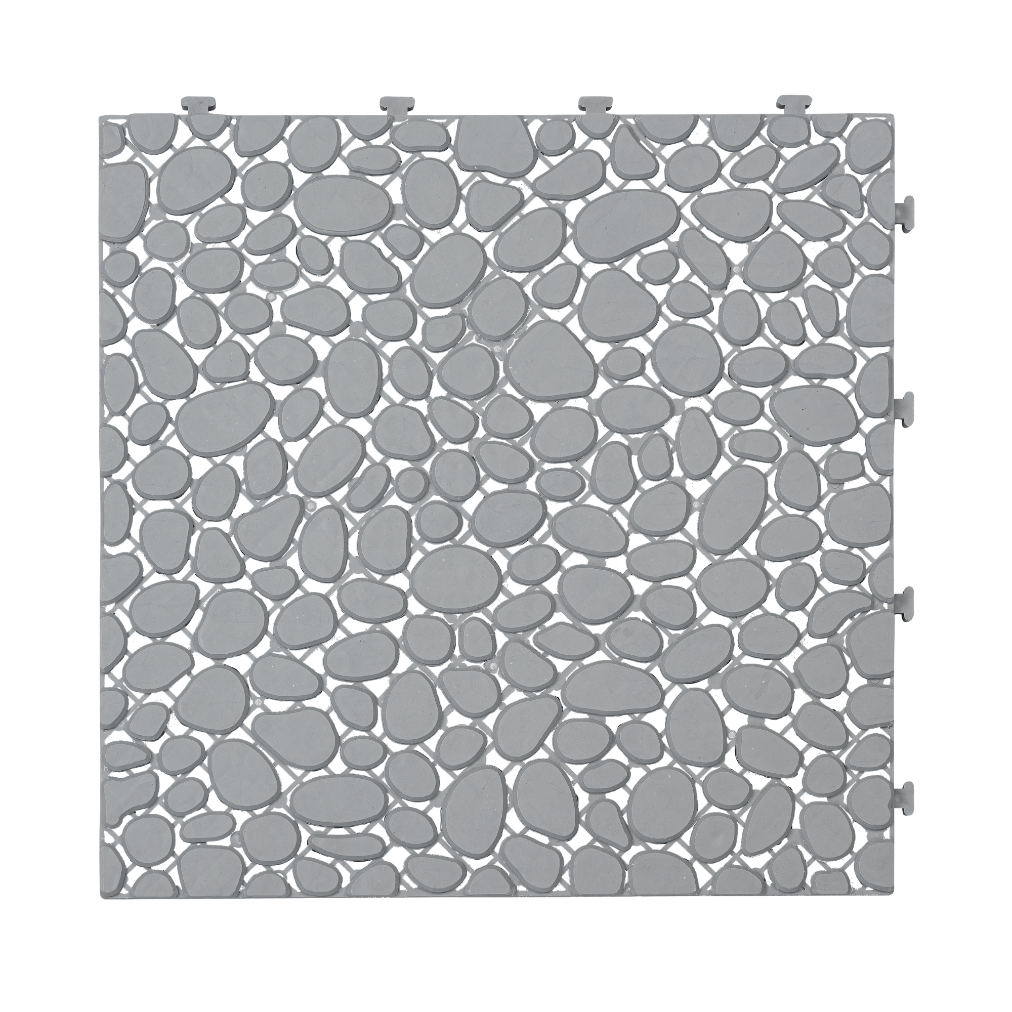 Gray pebble stone interlocking deck tiles by Anthony & Home, 12x12 waterproof outdoor flooring with textured surface.