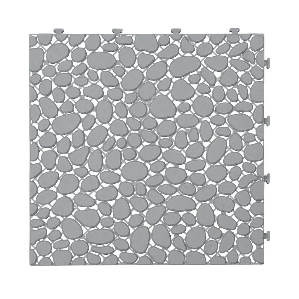 Gray pebble stone interlocking deck tiles by Anthony & Home, 12x12 waterproof outdoor flooring with textured surface.