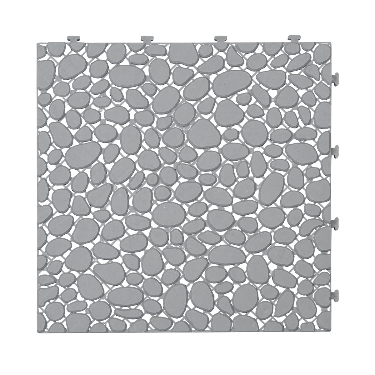 Gray pebble stone interlocking deck tiles by Anthony & Home, 12x12 waterproof outdoor flooring with textured surface.