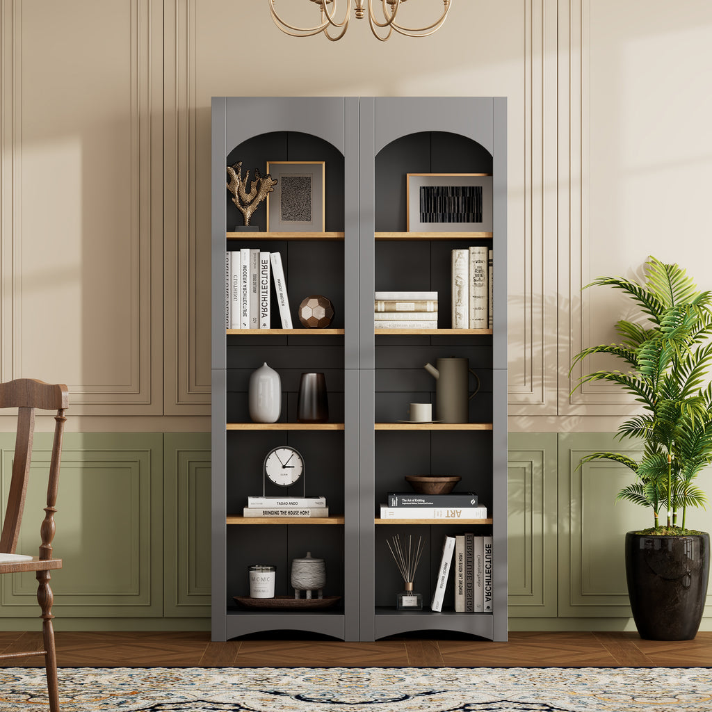 Anthony & Home Atelier two-tone farmhouse 5-tier bookcase set with wooden shelves and open storage design.