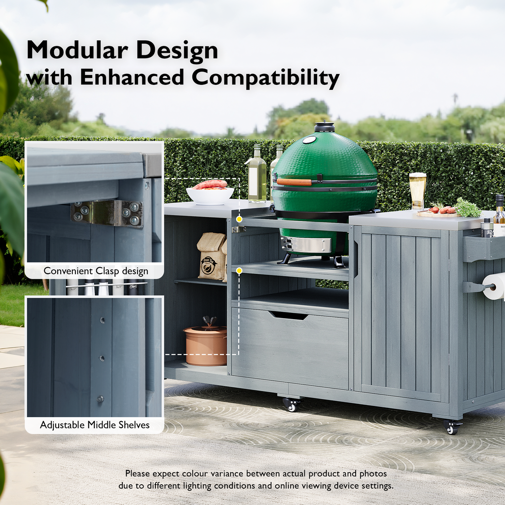 Solid wood outdoor kitchen island with storage for Big Green Egg, crafted by Anthony & Home, featuring a spacious design for outdoor cooking.