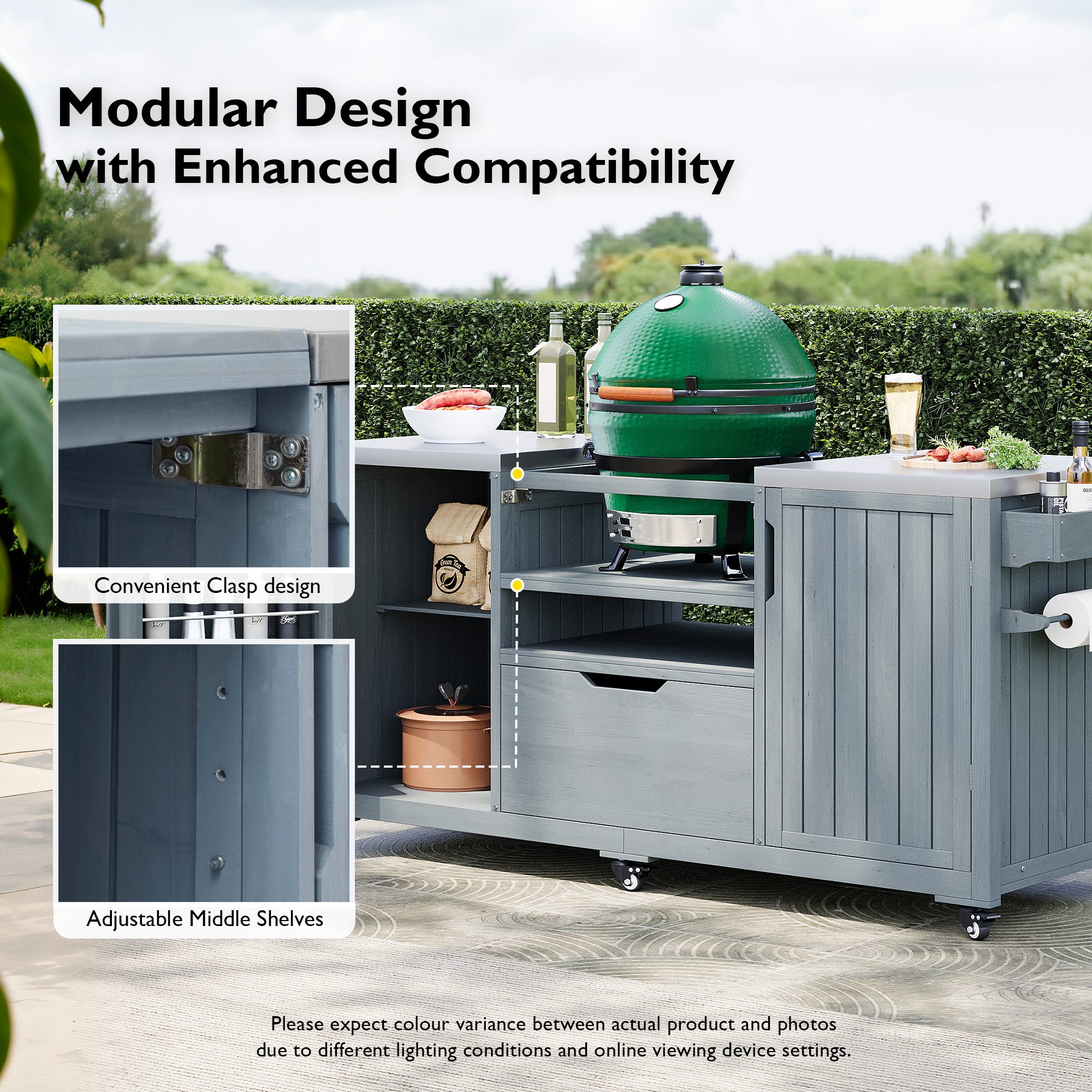 Solid wood outdoor kitchen island with storage for Big Green Egg, crafted by Anthony & Home, featuring a spacious design for outdoor cooking.