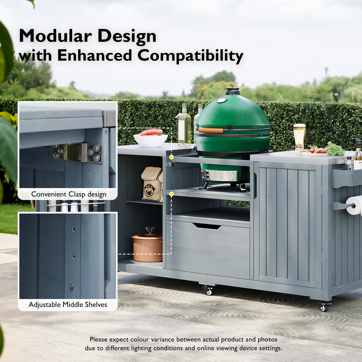 Solid wood outdoor kitchen island with storage for Big Green Egg, crafted by Anthony & Home, featuring a spacious design for outdoor cooking.