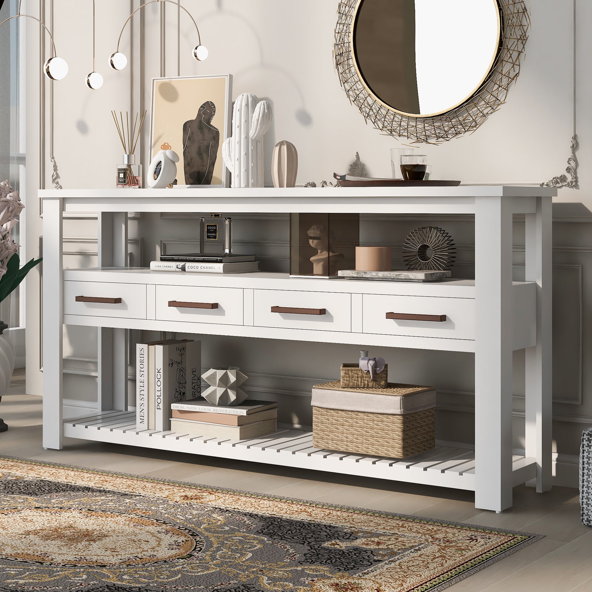 U Style Signature Collection White Painted MDF Console Table 62.2 Inch Entryway With 4 Drawers And 3 Tier Shelves