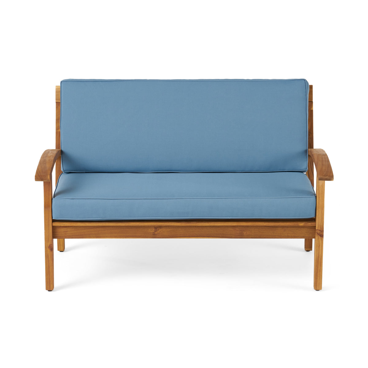 Anthony & Home teak outdoor chat set with loveseat and coffee table, handcrafted finish in the Atelier Collection.