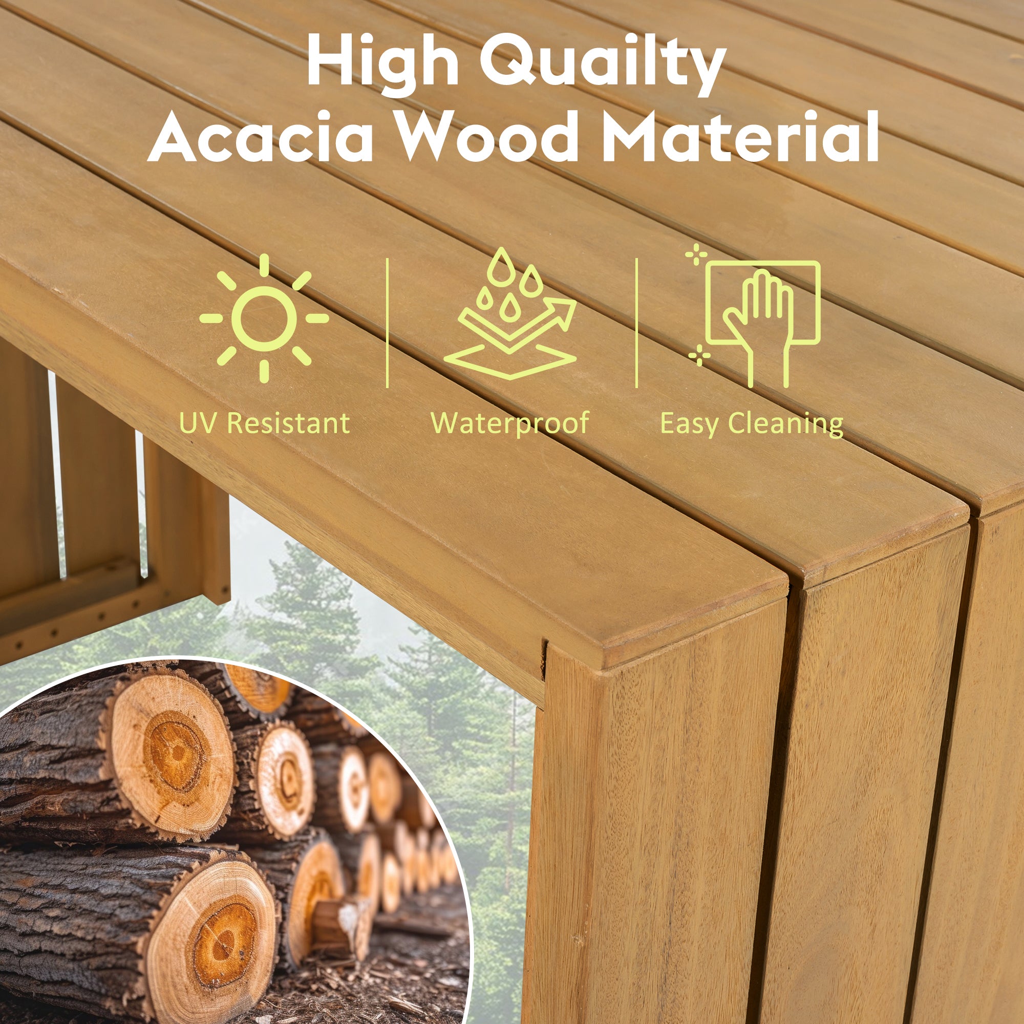 Outdoor bar set made of acacia wood from Anthony & Home's Exclusive Collection, featuring a table and matching stools.