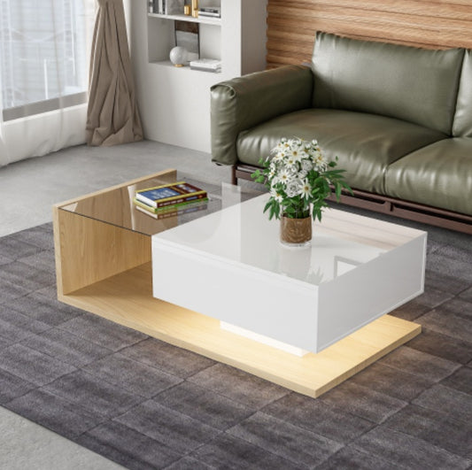 High Gloss White And Wood Coffee Table With Glass And LED
