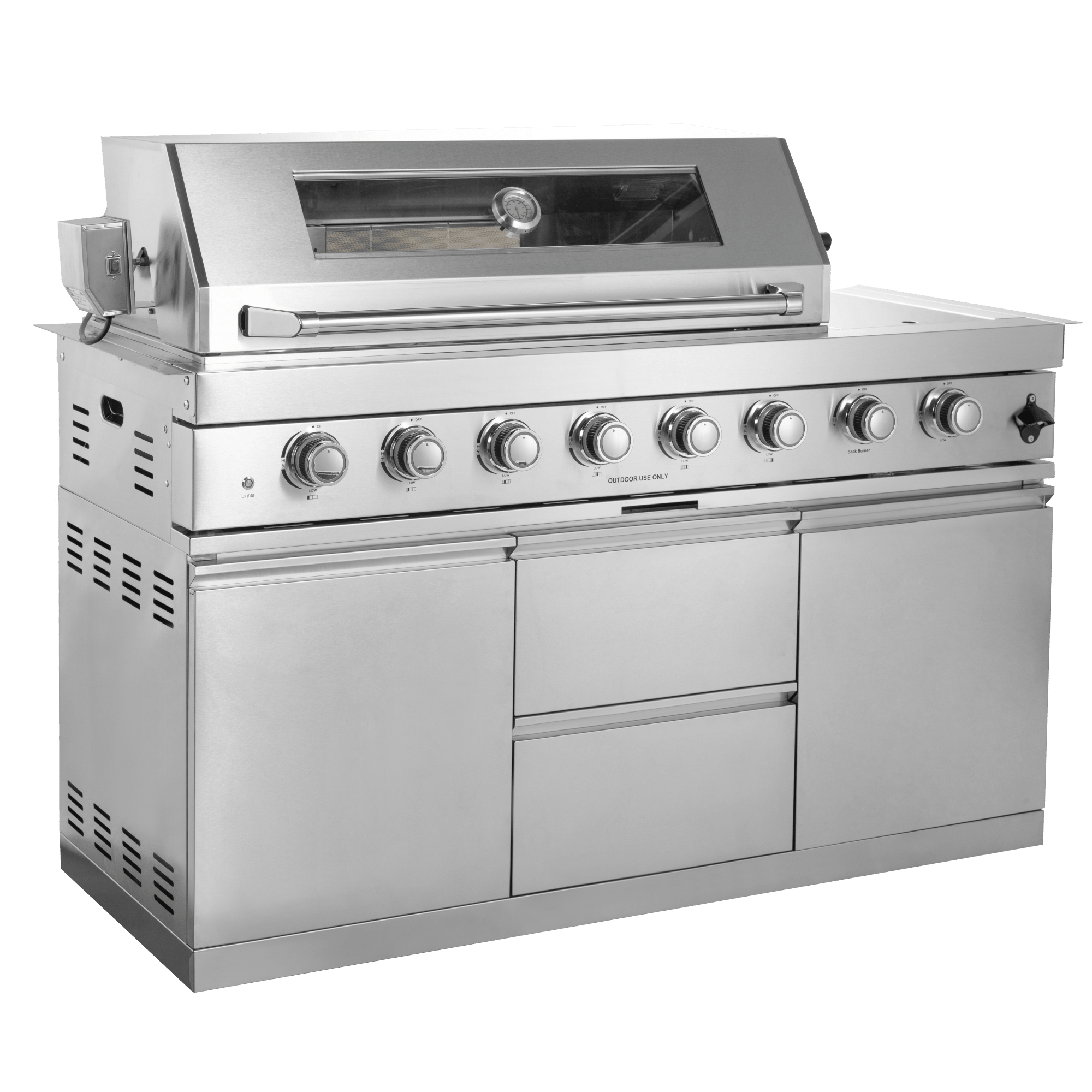 Anthony & Home 62-inch stainless steel outdoor kitchen with 6-burner gas grill, wine cooler, rotisserie, granite countertops, storage.