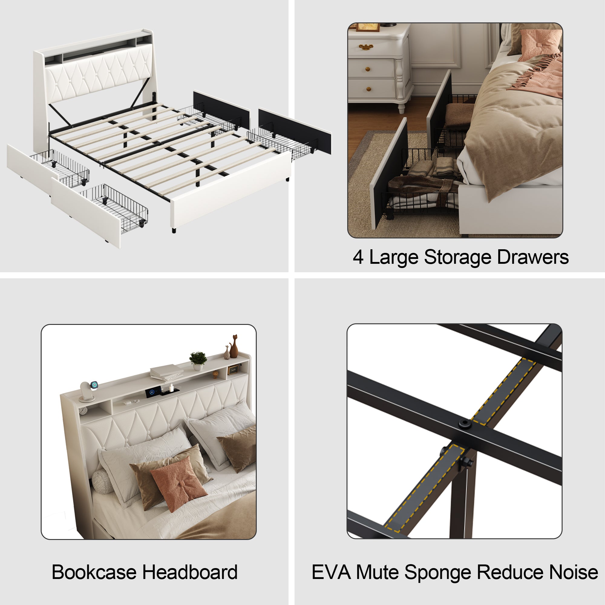 Queen platform bed frame with signature white faux leather upholstery by Anthony & Home, showcasing a modern, sleek design and sturdy structure.