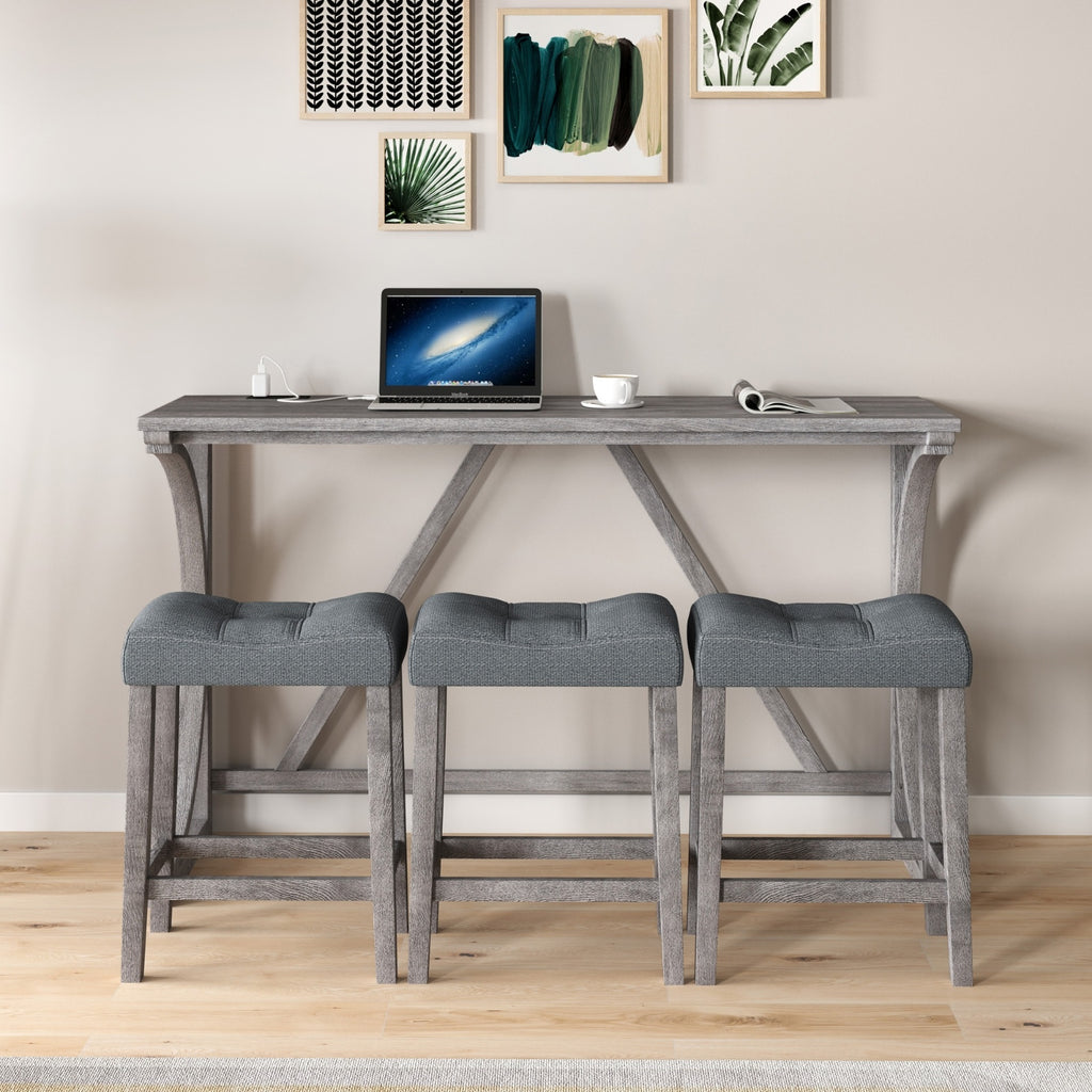 Gray Industrial Bar Table Set With Power Outlet And Chairs