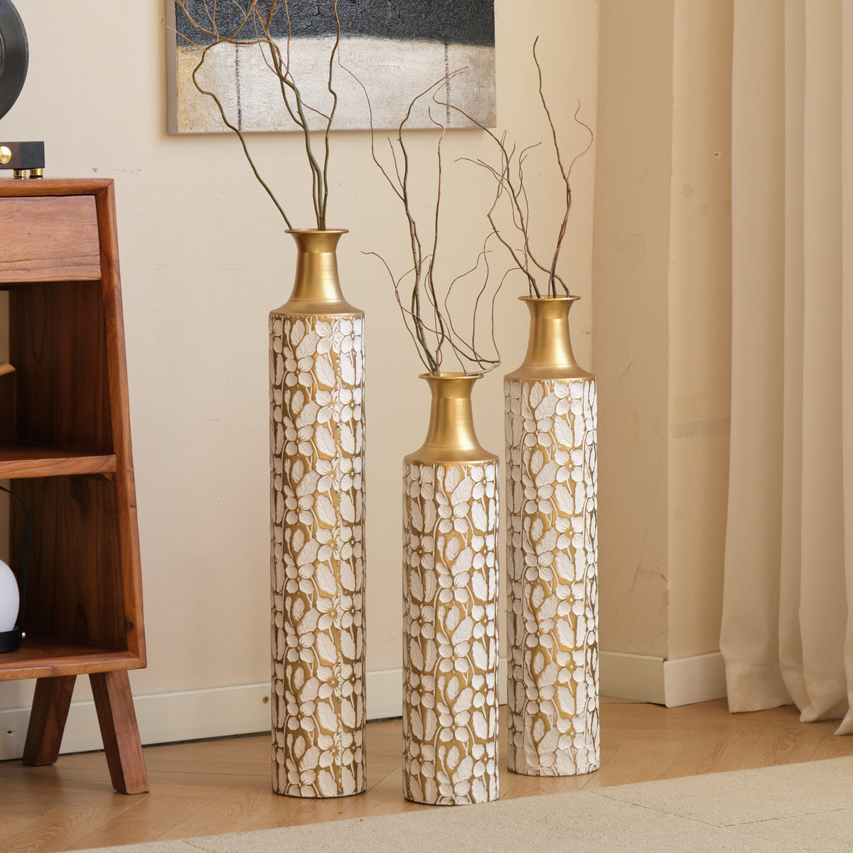 Anthony & Home Heritage Collection floor vase trio with tall, elegant ceramic vases in various shapes and neutral finishes.