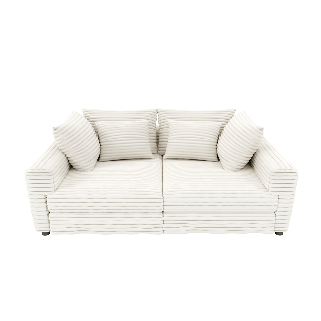 Anthony & Home Atelier Plush Corduroy 4-Seat Sofa with soft, textured fabric and modern design, shown in a cozy living room setting.