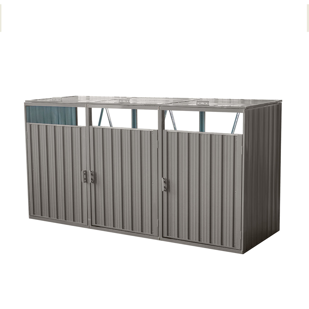 Grey galvanized steel trash bin shed by Anthony & Home with three compartments for waste recycling.