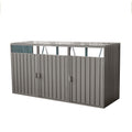 Grey galvanized steel trash bin shed by Anthony & Home with three compartments for waste recycling.