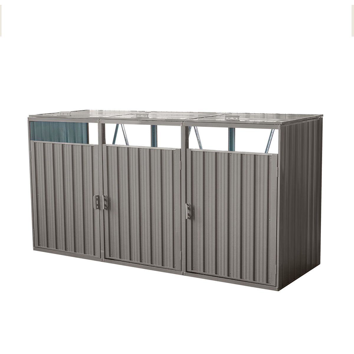 Grey galvanized steel trash bin shed by Anthony & Home with three compartments for waste recycling.