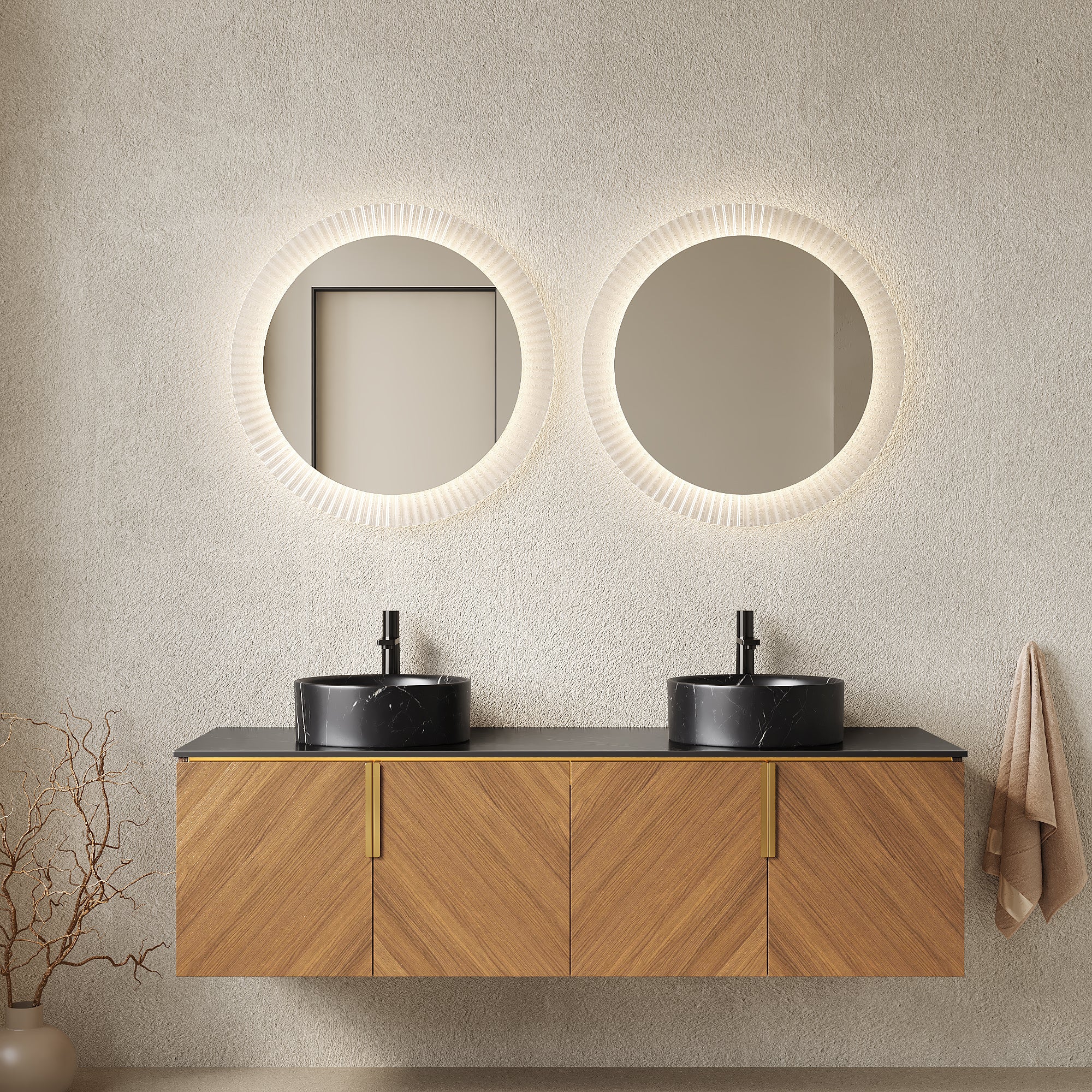 Anthony & Home Arai Atelier 60-inch wall-mounted vanity with black round basins, four doors, and black sintered stone countertop.