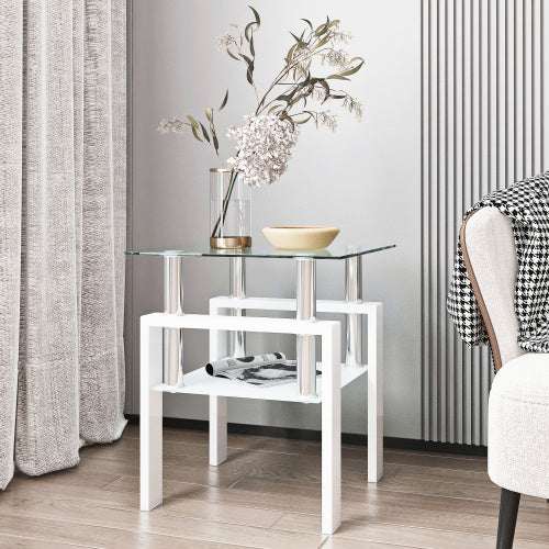 Modern Tempered Glass Coffee End Table White Living Room
