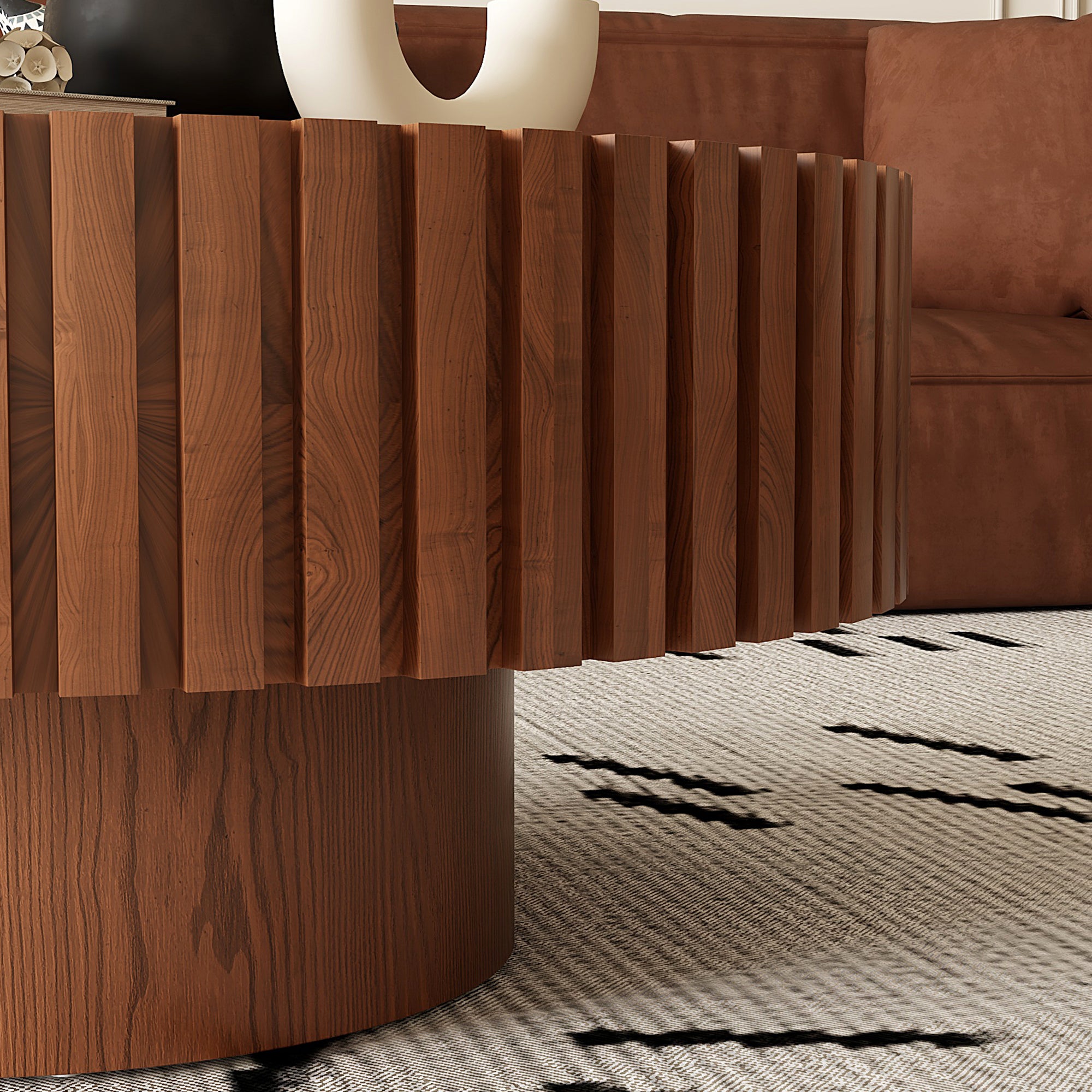 Anthony & Home round lacquered wood coffee table with pedestal base, sleek and modern design for living room decor.
