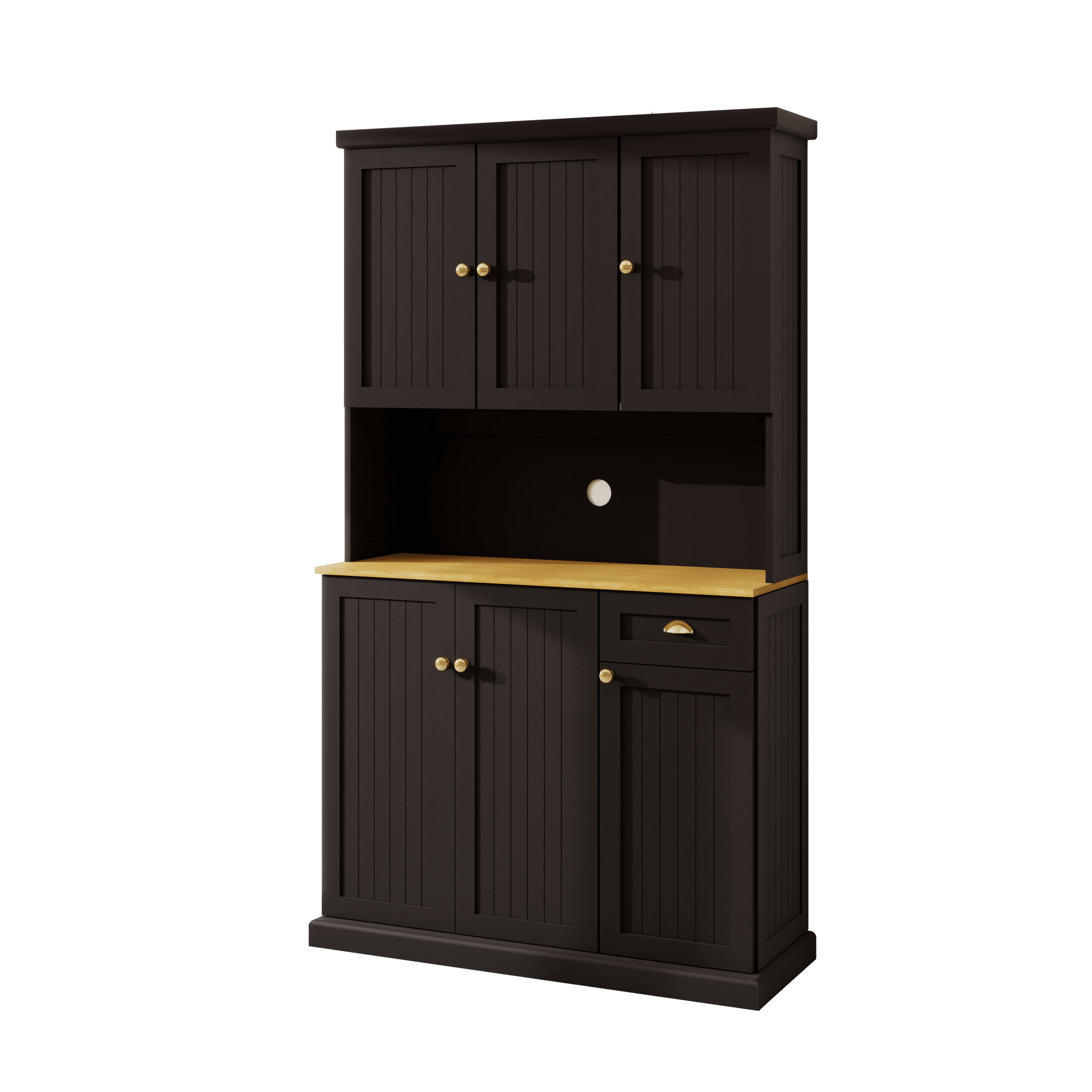 Anthony & Home black matte pantry storage cabinet with microwave countertop, six doors, and one drawer in a modern kitchen setting.