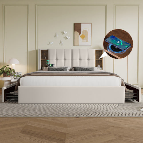 Beige Velvet Metal Bed Frame With USB C And Four Drawers