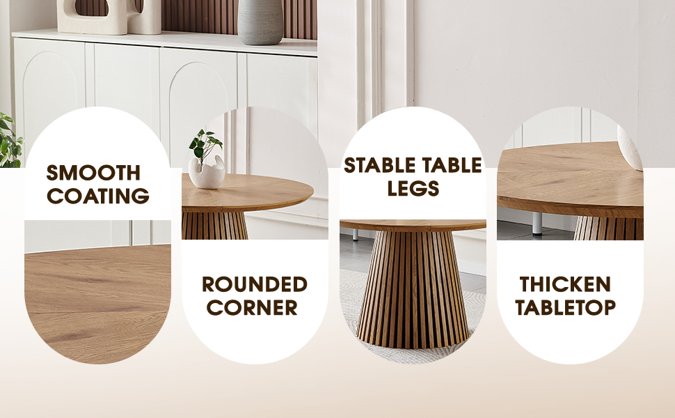 Round solid wood dining table from Anthony & Home's Atelier Collection with smooth tabletop and sturdy wooden legs.