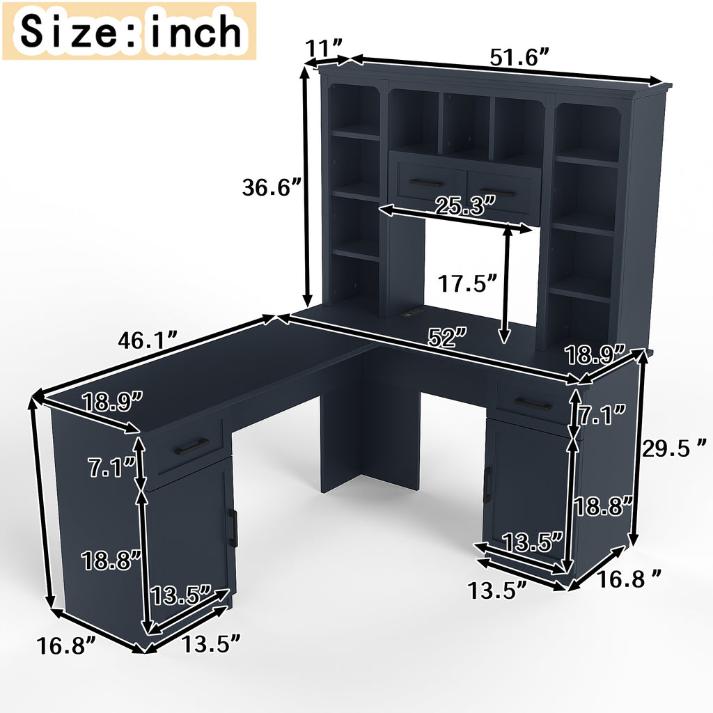 L-shaped Anthony & Home desk from the Atelier Collection with power outlet, 2 cabinets, 2 drawers, 11 shelves, and a right flip shelf.