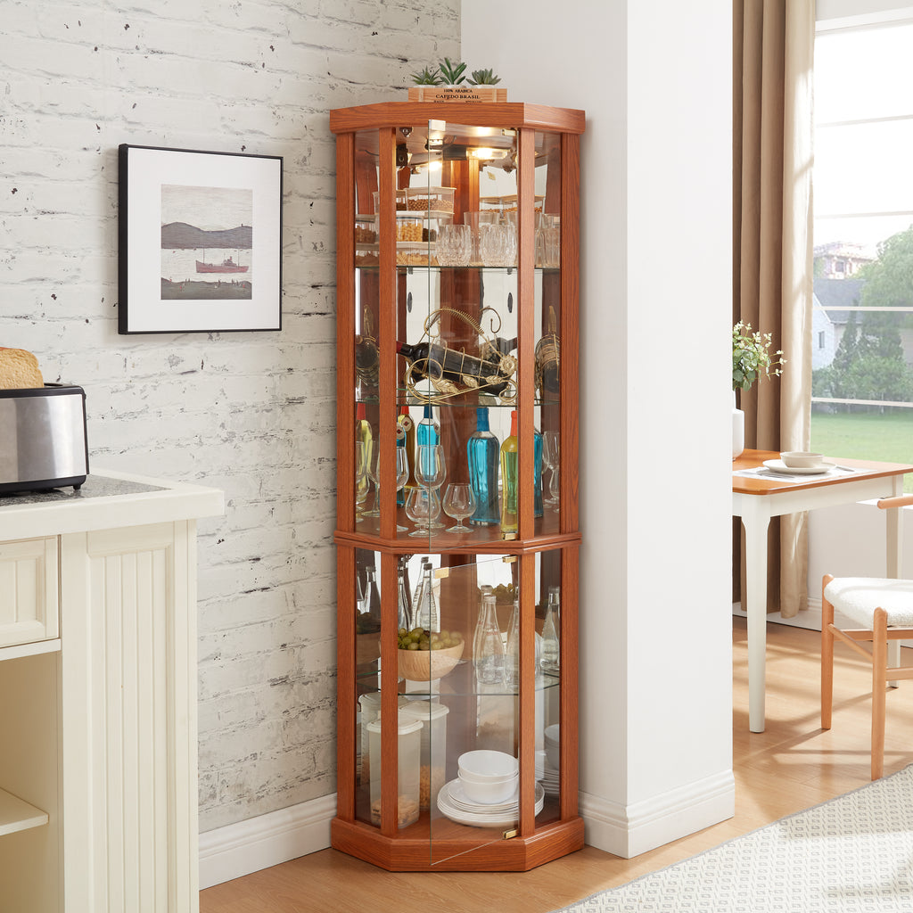 Dark oak corner lighted curio cabinet by Anthony & Home with glass doors and shelves for displaying collectibles.