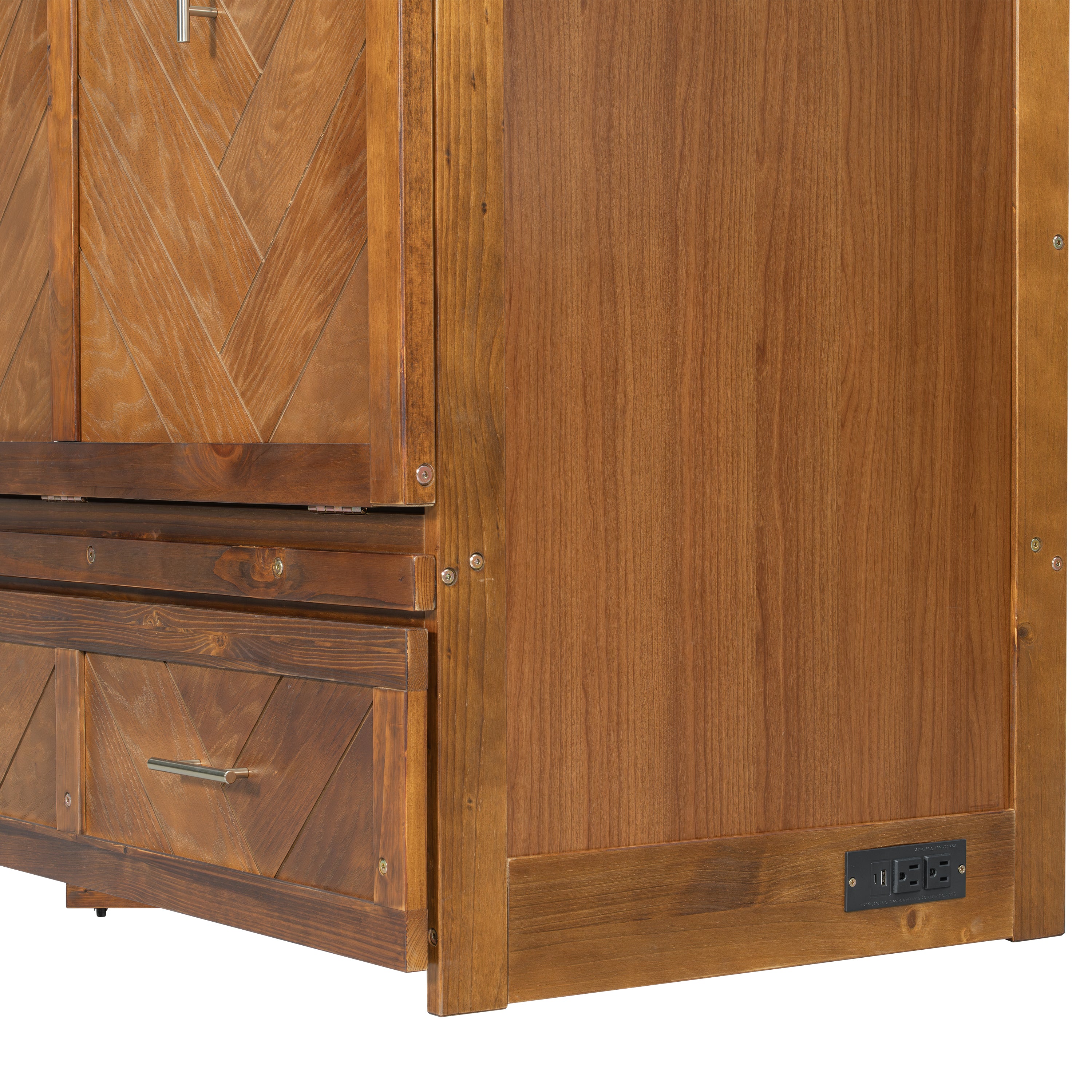 Queen size walnut Murphy bed with geometric panel from Anthony & Home, featuring USB charging station and modern studio design.