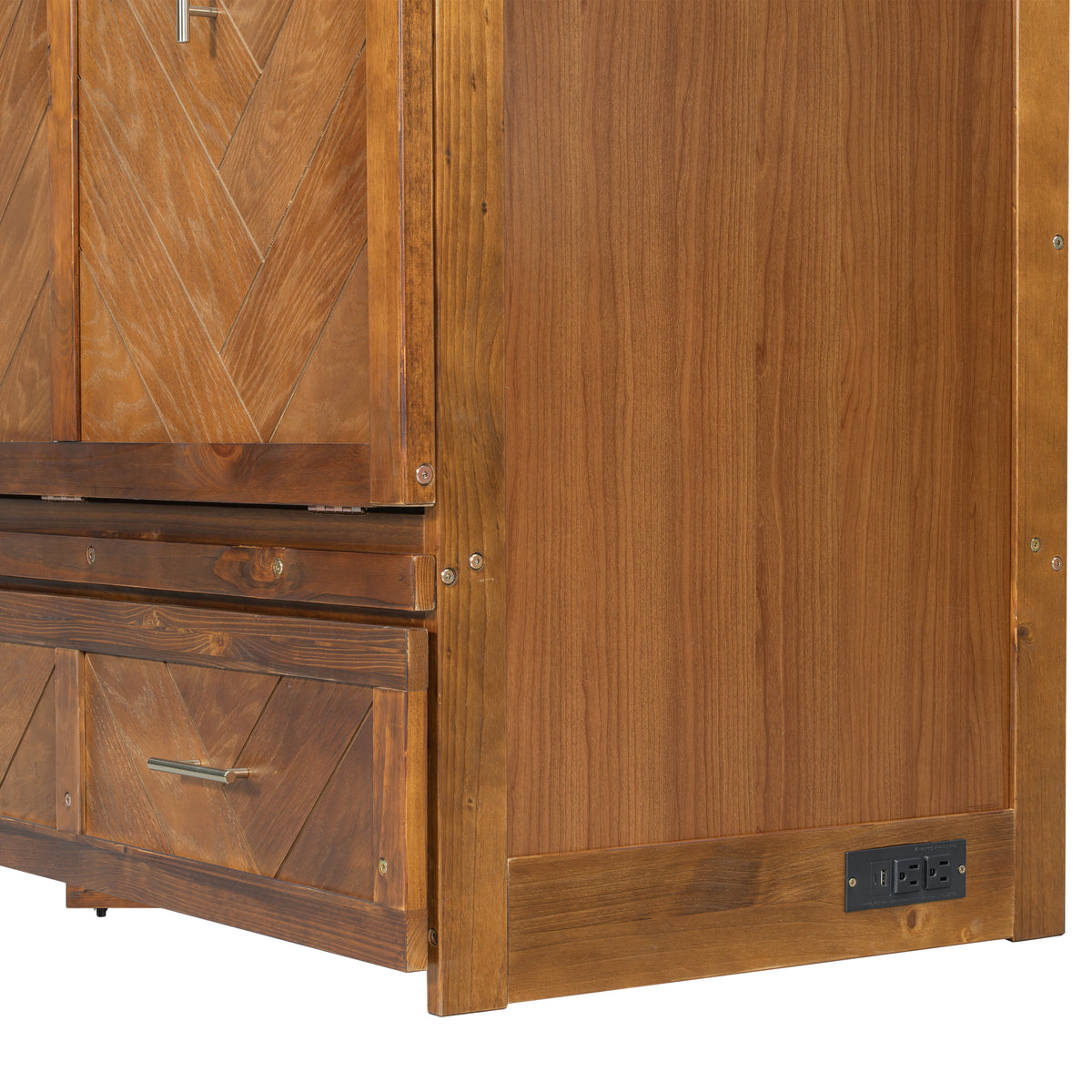Queen size walnut Murphy bed with geometric panel from Anthony & Home, featuring USB charging station and modern studio design.