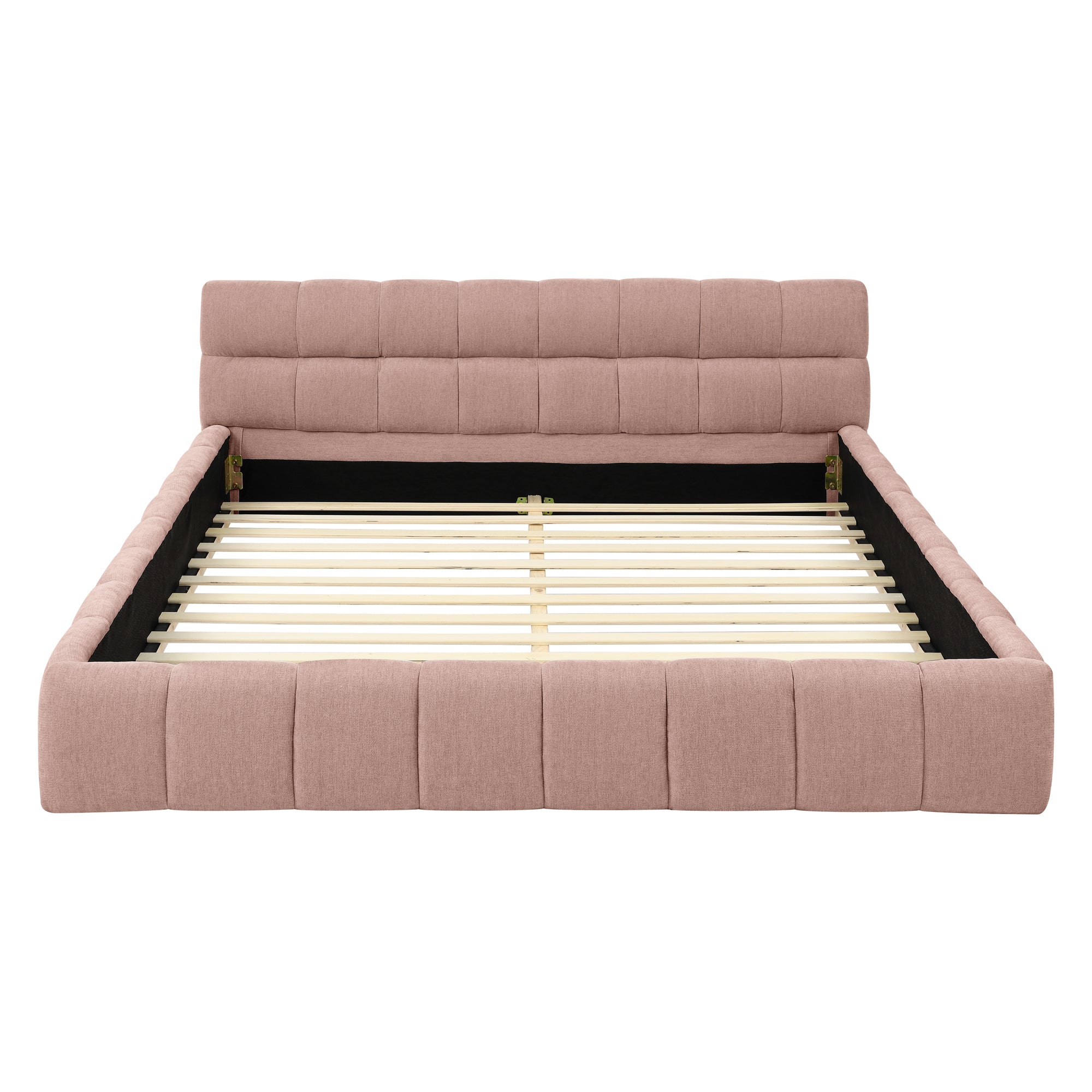 Pink upholstered queen bed frame from the Limited Chenille Collection by Anthony & Home, no box spring needed, with a plush fabric finish.
