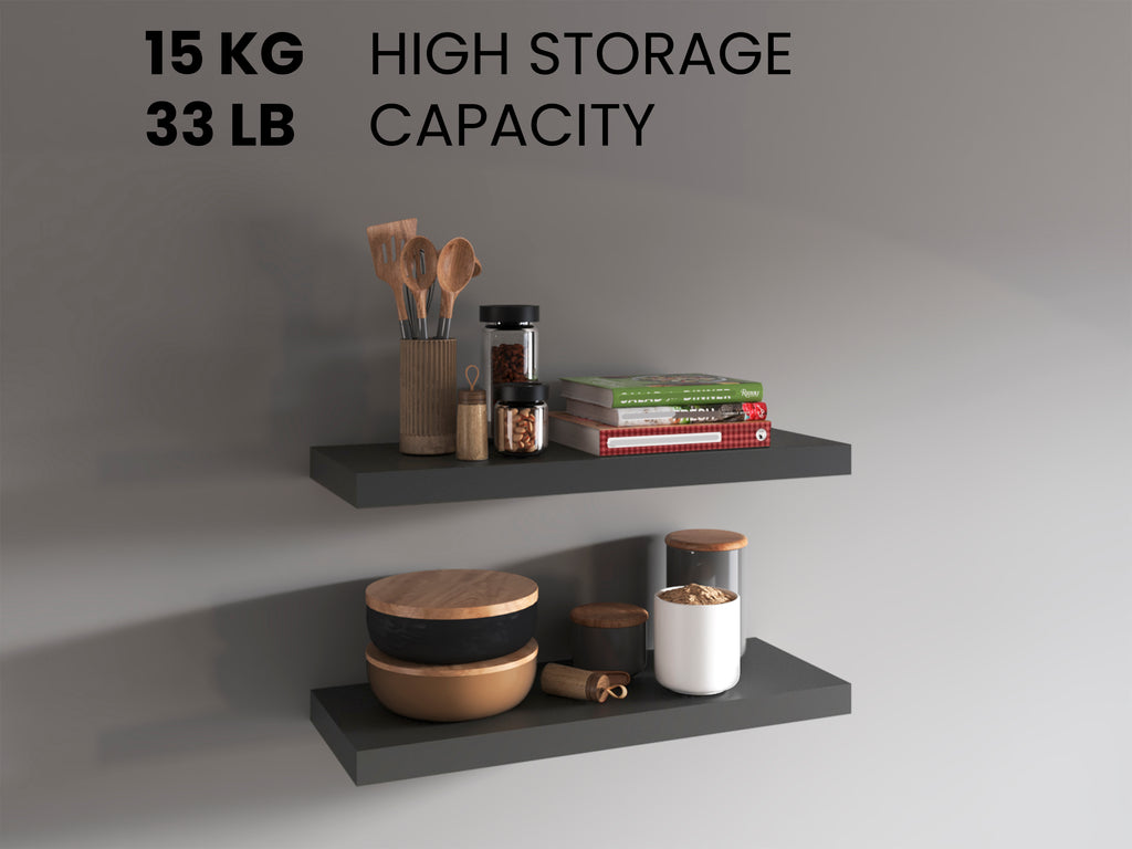 Two matte gray Anthony & Home Studio two-tier floating shelves mounted on a wall, showcasing modern storage and display space.