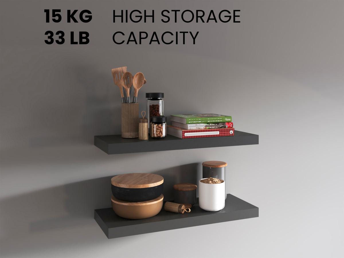 Two matte gray Anthony & Home Studio two-tier floating shelves mounted on a wall, showcasing modern storage and display space.