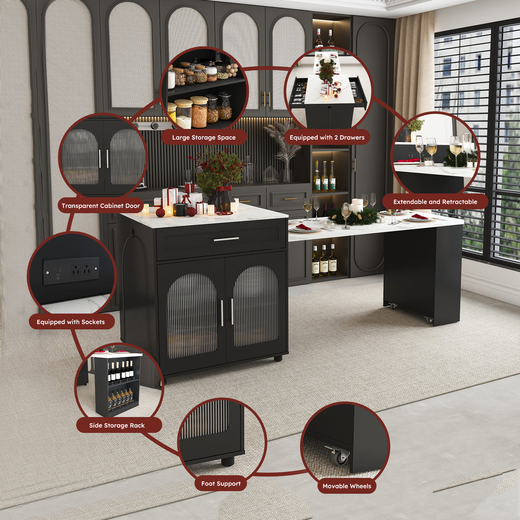 Black Expandable Kitchen Island with Marble - Grain Countertop, Power Outlet, Mobile Storage Cart with Cabinet & 2 Drawers, 80 - Inch Dining Table - Anthony & Home