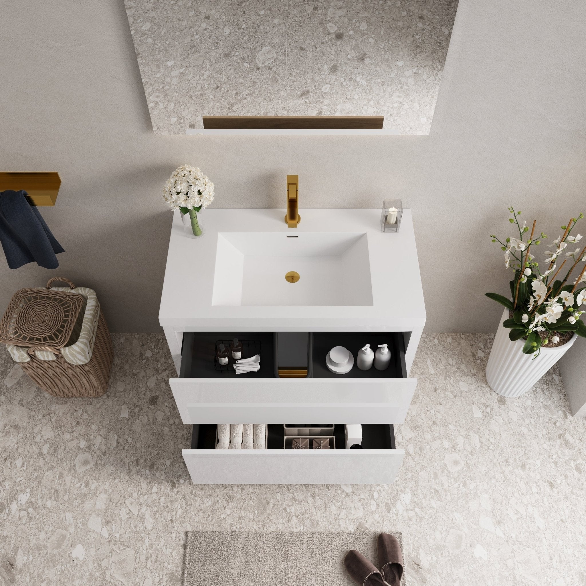Anthony & Home bathroom vanity with stone resin countertop and integrated sink, modern design with storage drawers.