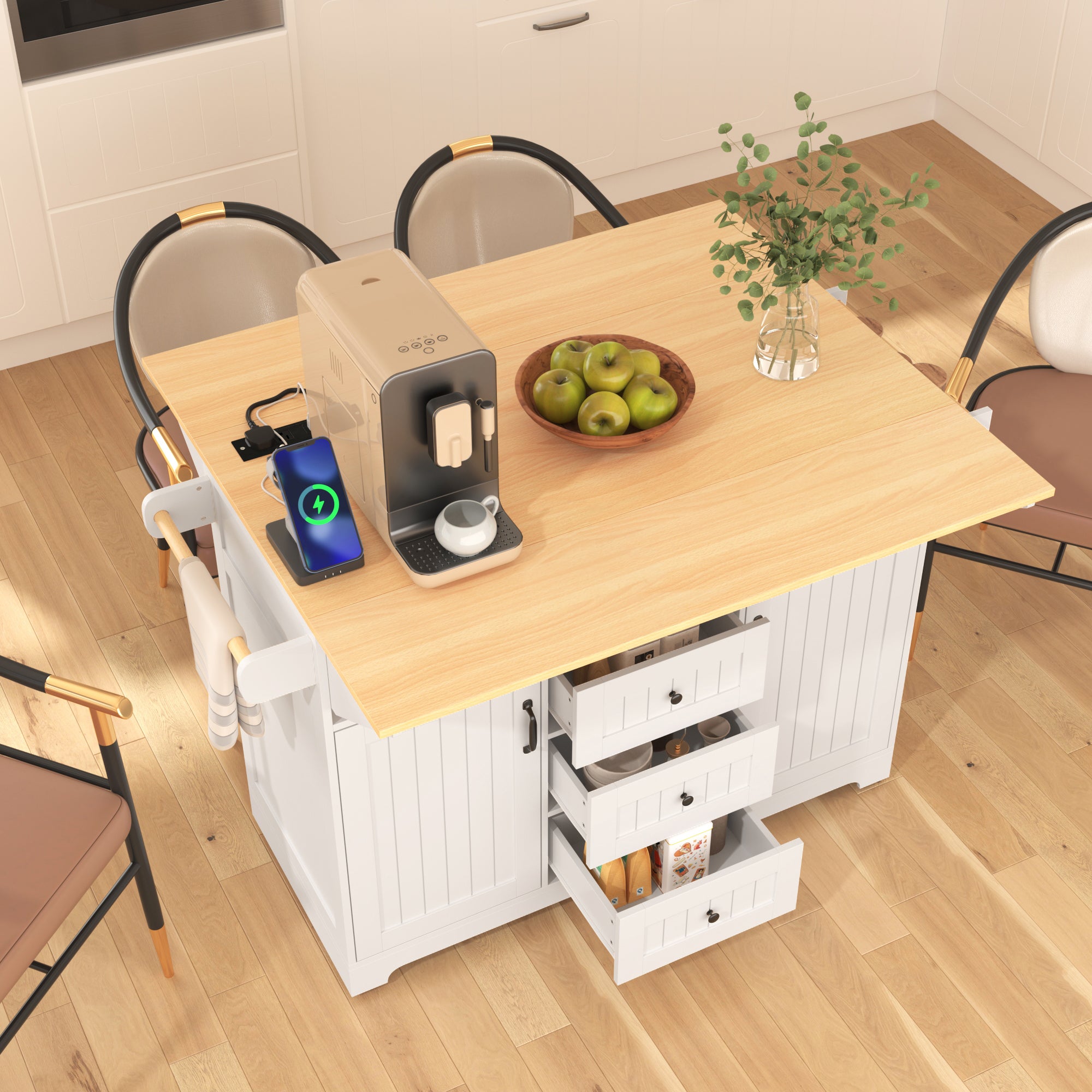 Anthony & Home Signature White Farmhouse Kitchen Island with Drop Leaves, sturdy wood construction and spacious surface for cooking and prep.