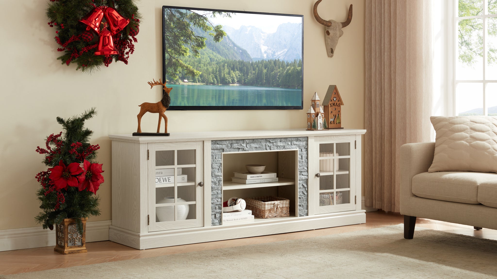 Anthony & Home Atelier white faux stone TV stand, 70-inch with two doors, modern media console for living room decor.