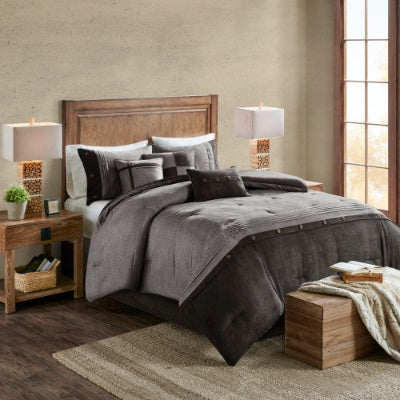 7 Piece Faux Suede Comforter Set In Grey Tan Brown