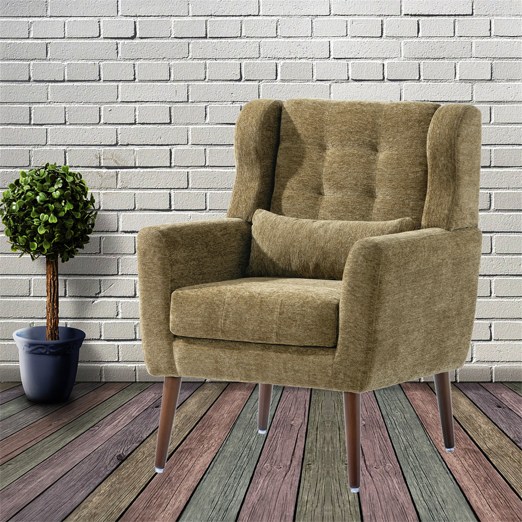 Olive chenille accent chair with solid wood legs, stylish and comfortable furniture piece from Anthony & Home.