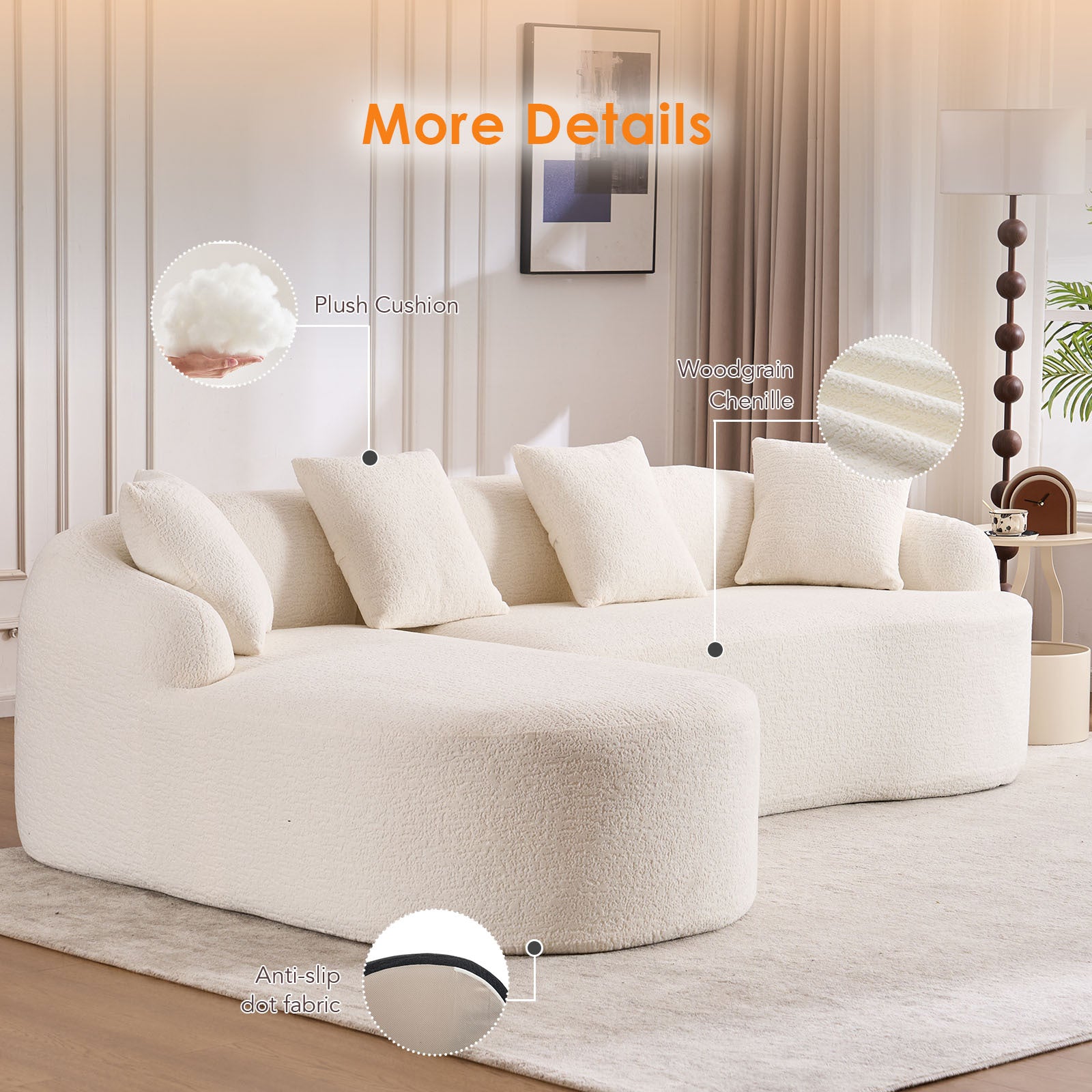Anthony & Home Heritage Collection L-shaped sectional with curved chaise, featuring elegant, minimalist design in a modern living room setting.