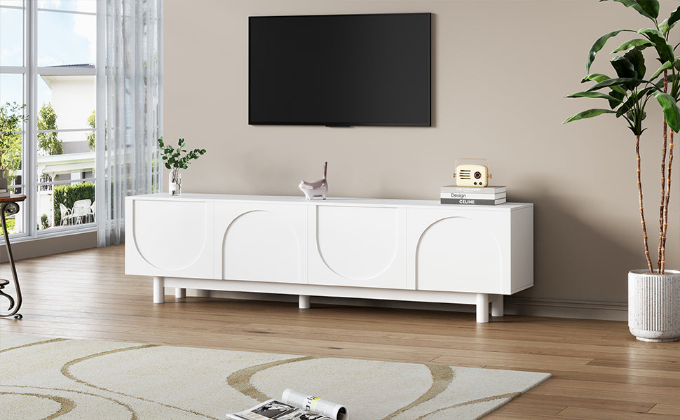 White Anthony & Home ON-TREND Graceful TV stand with arch cabinets, solid wood legs, adjustable shelves for TVs up to 78 inches.