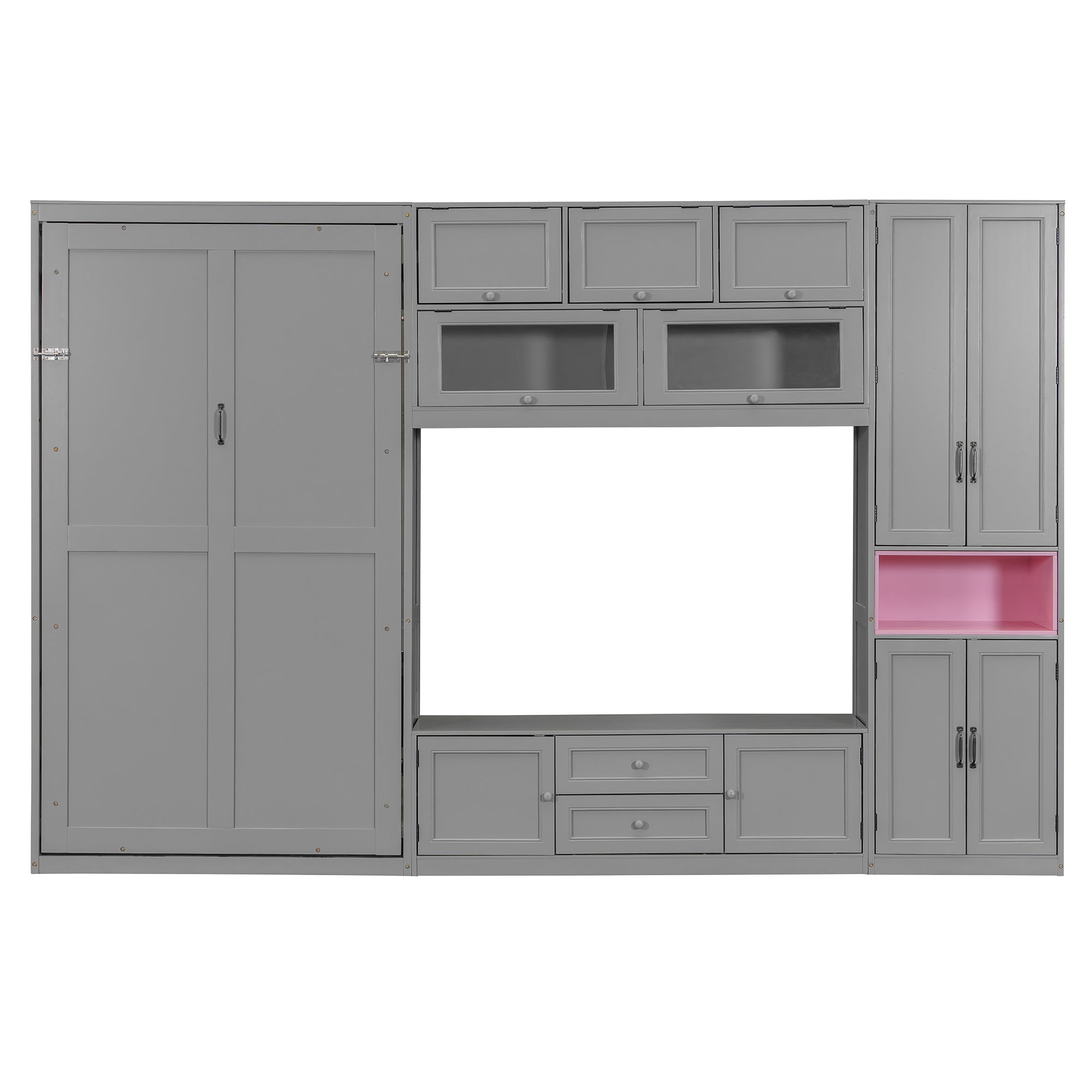 Gray solid wood Atelier Murphy Bed TV stand with built-in drawers by Anthony & Home, showcasing a sleek modern design.