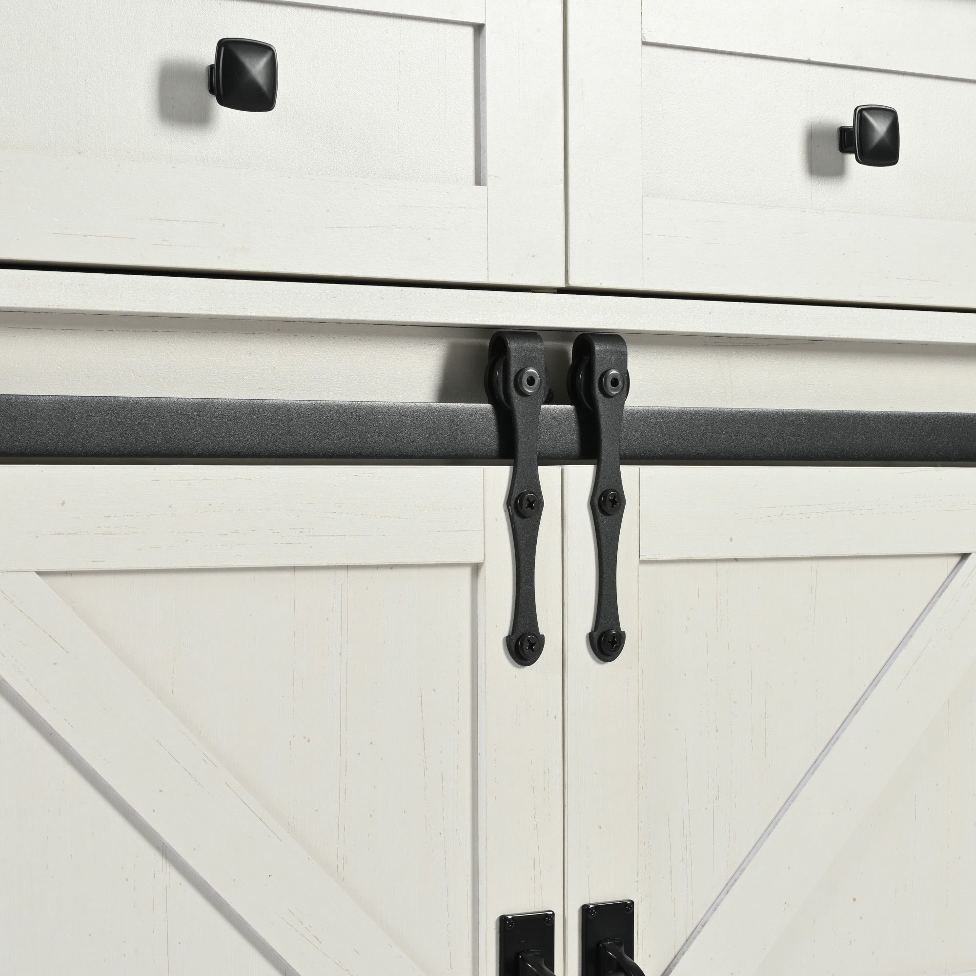 Anthony & Home farmhouse kitchen island with wood-grain top, featuring sturdy legs and spacious storage in a rustic style.