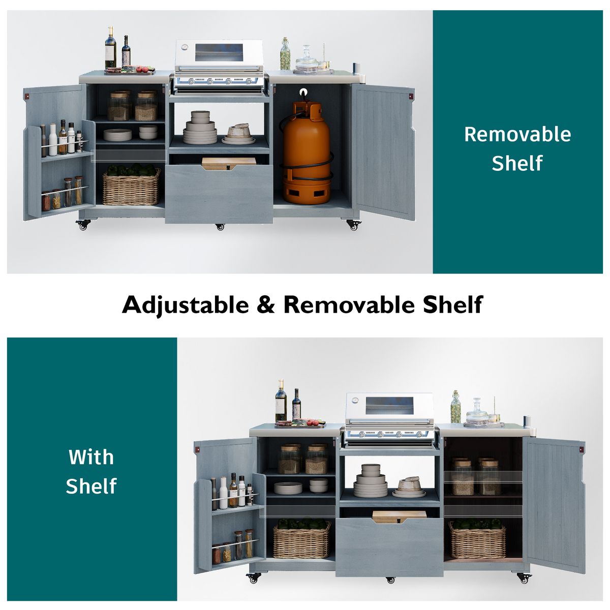 Anthony & Home solid wood outdoor kitchen island with storage for Big Green Egg Studio, featuring a spacious countertop and sturdy construction.