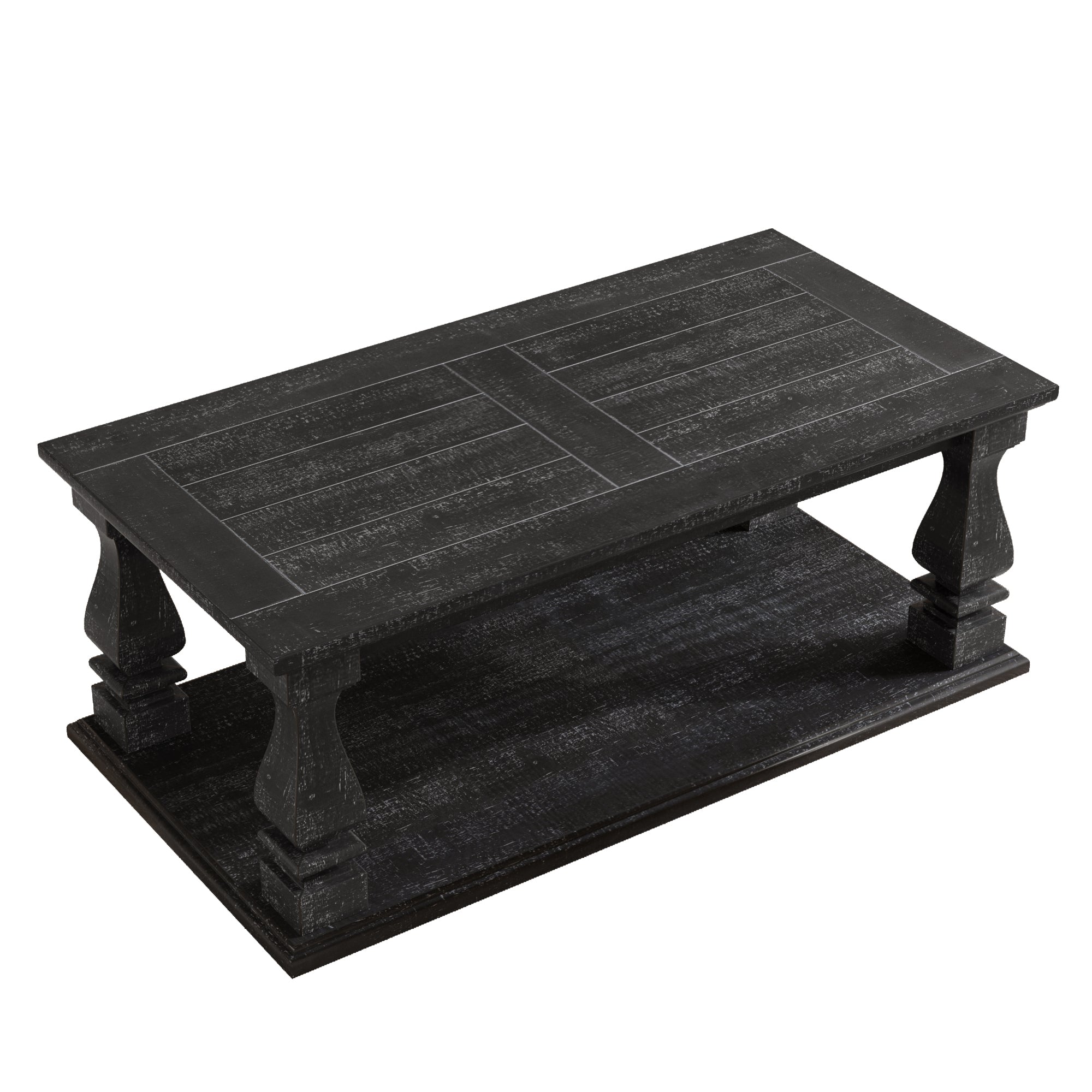 Weathered black farmhouse coffee table with heavy plank top, baluster legs, and storage shelf by Anthony & Home.