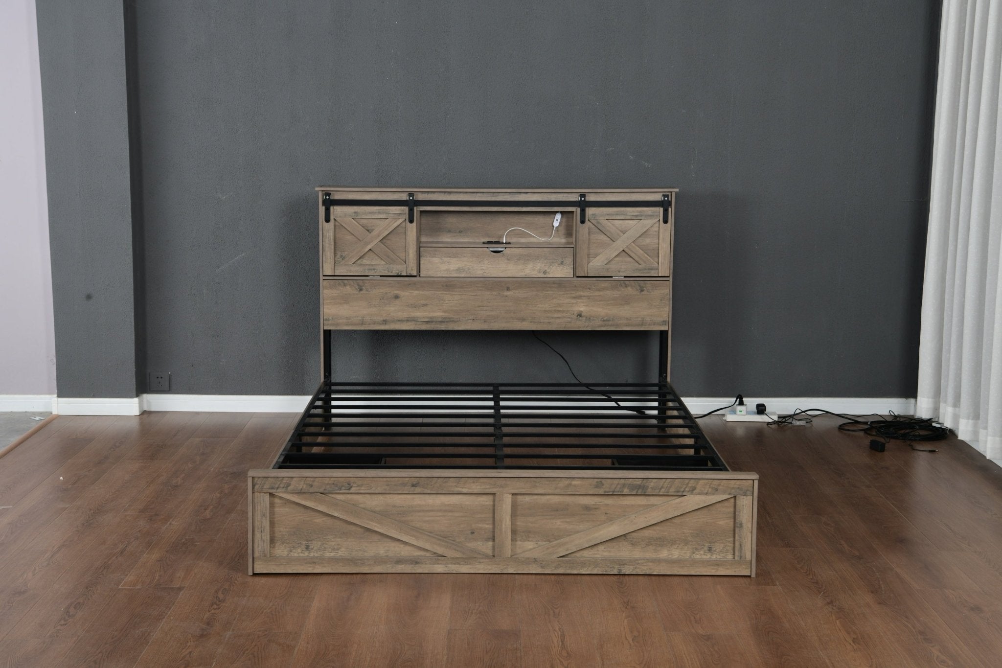 Queen farmhouse bed frame by Anthony & Home with grey rustic wood finish, LED lighting, charging station, and storage drawers.